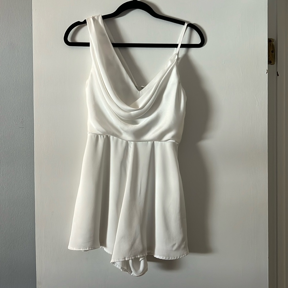 Likely Lover Ivory Satin Asymmetrical Cowl Neck Romper